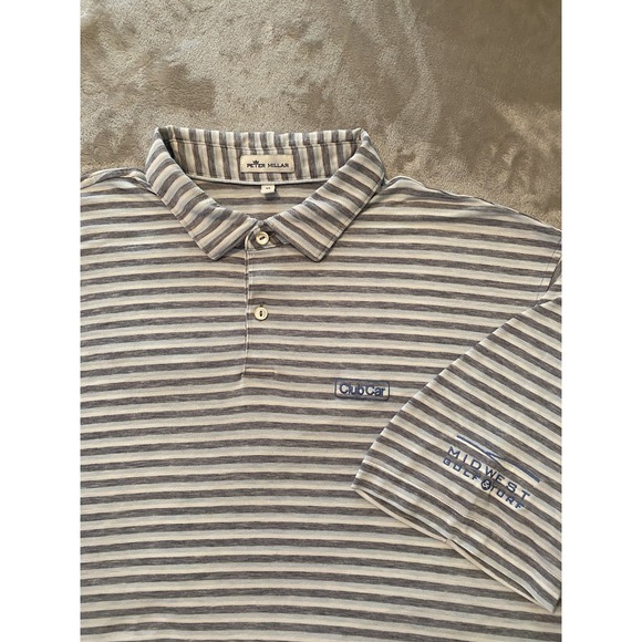 Peter Millar Polo Shirt Mens XL‎ Gray Blue Striped Club Car Midwest Golf Turf - Picture 1 of 10